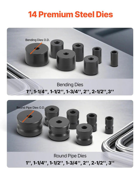 14 steel dies for VEVOR Manual Pipe Bender With 14 Dies, sizes from 1" to 3", for bending copper, aluminum, and iron pipes.