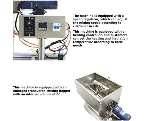 Heavy Duty 100 To 1000 ML Paste Filling Mixing Machine With Horizontal Heating Hopper And Pneumatic Liquid Filler Built Real Tough For Sauces Creams Oils Using 304 Stainless Steel A Straight Up Workhorse with control panel and heating features.