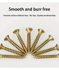 470 Piece M3.5 Zinc Plated Phillips Flat Head Wood Screw Assortment Kit With Seven Lengths, Self Tapping Fasteners For DIY Projects, Handy Box Of Phillips Drive Wood Screws For Furniture And Deck Repairs. Seven zinc-plated flat head wood screws arranged on white background