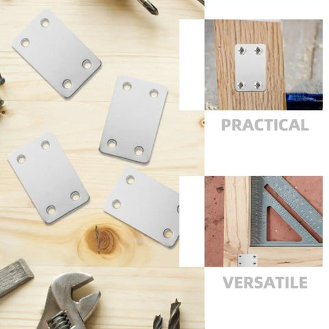 Stainless Steel Flat Corner Braces 20 Piece Set With Screws For Wood Quick Install Mending Plates Holes Silver displayed on wood