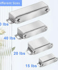 Four sizes of magnetic door catch sets, including 60 lbs, 40 lbs Heavy Duty Magnetic Door Catch Set 40 Lbs Pull Strong Magnet Cabinet Latches Magnetic Hardware Stainless Steel Chrome Door Closer for Bathroom Kitchen Sliding Doors Cupboard 4 Pack 20Kg, 20 lbs, and 15 lbs, shown vertically.