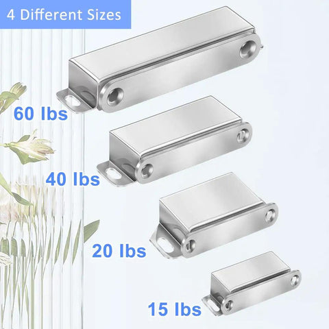 Four sizes of magnetic door catch sets, including 60 lbs, 40 lbs Heavy Duty Magnetic Door Catch Set 40 Lbs Pull Strong Magnet Cabinet Latches Magnetic Hardware Stainless Steel Chrome Door Closer for Bathroom Kitchen Sliding Doors Cupboard 4 Pack 20Kg, 20 lbs, and 15 lbs, shown vertically.