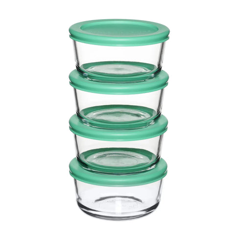 Stacked set of four 2-cup glass storage containers with mint SnugFit lids. Two Cup Glass Storage Containers With Lids Set Of Four Mint Snugfit Lids Keeps Leftovers Fresh For Meal Prep Reusable Clear Glass Food Storage Odor Proof And Stain Proof Easy To Clean Microwave Safe Dishwasher Safe Kitchen Organizer.