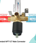 Shower mixer valve with brass body and matte black handle, front view, 1/2 in NPT hot and cold inlets.
