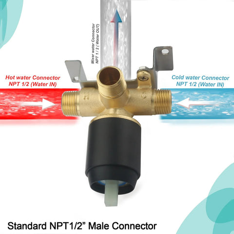 Shower mixer valve with brass body and matte black handle, front view, 1/2 in NPT hot and cold inlets.