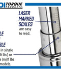Three Eighths Inch Drive Adjustable Click Torque Wrench with Micrometer Scale showing laser marked scales detail
