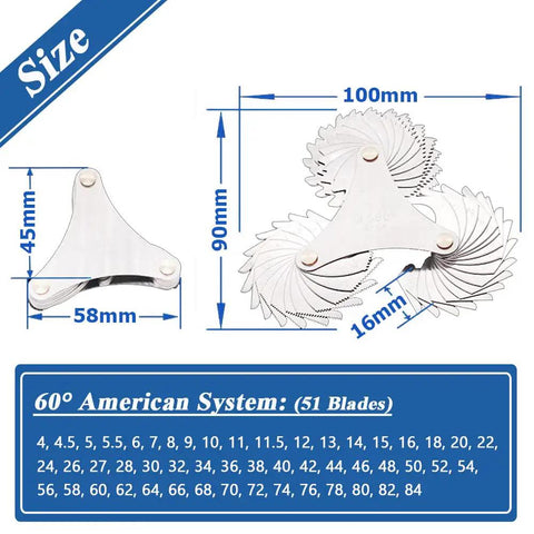 51 Piece Thread Pitch Gauge Set For SAE Threads Stainless Steel Screw Pitch Gauge With 60 Degree Center 4 To 84 TPI