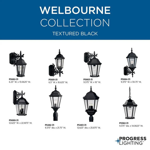 Welbourne Collection 1 Light Outdoor Wall Lantern With Clear Beveled Glass, medium size, textured black finish, multiple designs