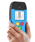Xevaldric Wall Scanner 6-in-1 Stud Finder Metal Detector held in hand, featuring bright LCD display and colorful buttons.