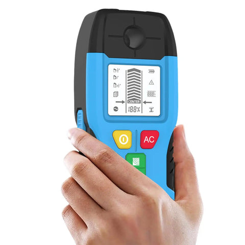 Xevaldric Wall Scanner 6-in-1 Stud Finder Metal Detector held in hand, featuring bright LCD display and colorful buttons.