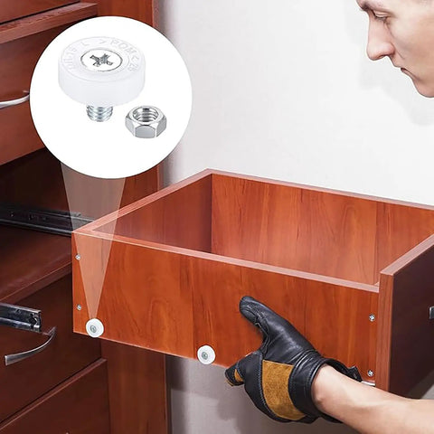 8 Pack 19Mm Drawer Rollers With Nuts Smooth Gliding Replacement Pulleys For Cabinets Sliding Doors And Furniture Heavy Duty Pom Nylon Wheels Silent Ride Hassle Free Install showcasing drawer roller installation.