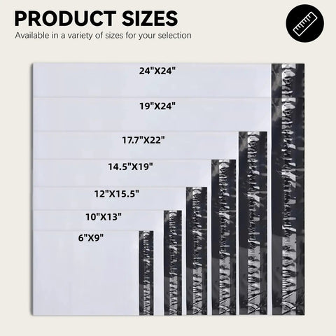 Image showing various sizes of poly mailers including the 14.5 By 19 Inch White Poly Mailers Pack Of 5 For Shipping Documents Books Magazines And Clothing Durable Tear Resistant Bags With Clean Professional Look For Business Or Personal Use.