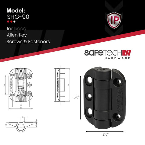 Heavy Duty Self Closing Gate Hinges With Adjustable Spring Tension For Smooth Pool Safety And Kid Proof Latching On Any Square Post Or Aluminum Fence Setup In Black, illustrated product dimensions.