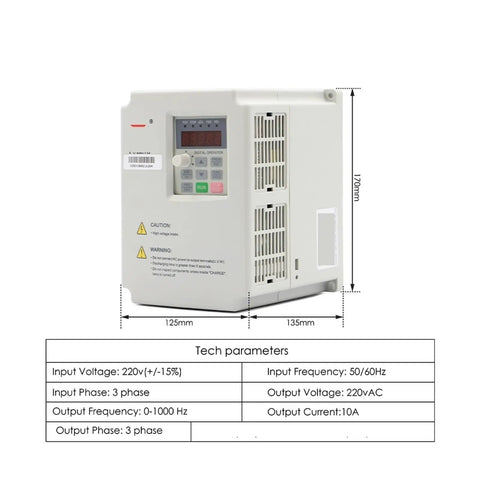 Top Shelf Heavy Duty Two Point Two Kilowatt Cnc Router Spindle With Er Twenty Five Chuck Air Cooled Ceramic Bearings Sub Zero Point Zero One Runout Vfd Inverter Included Runs Smooth For Fast Woodworking Jobs, showing VFD inverter with display.