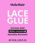 Image of Extreme Hold Lace Wig Glue Waterproof Bonding Adhesive For Wigs With Clear Drying Formula label, 38 ml bottle.