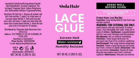 Image of Extreme Hold Lace Wig Glue Waterproof Bonding Adhesive For Wigs With Clear Drying Formula label, 38 ml bottle.