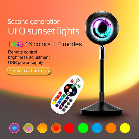 Image of a Sunset Projection Lamp with 24 Key Remote, UFO Sunset Light Projector, RGB Multicolor LEDs displayed on a stand.