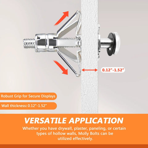 Side view of Molly Bolts Drywall And Plaster Walls Kit With 32 Pieces In 8 Sizes Includes Screws And Molly Bolts Setting Tool Heavy Duty Hollow Wall Anchors installed on wall.
