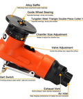 Bainuo Mini Portable Pneumatic Chamfering Machine For Metal Trimming And Deburring 45 Degree Arc Corner Tool With Adjustable Speed Hand Held Power Equipment Orange showing details of adjustable chamfer size and valve.