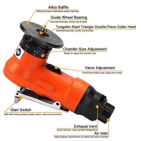 Bainuo Mini Portable Pneumatic Chamfering Machine For Metal Trimming And Deburring 45 Degree Arc Corner Tool With Adjustable Speed Hand Held Power Equipment Orange showing details of adjustable chamfer size and valve.