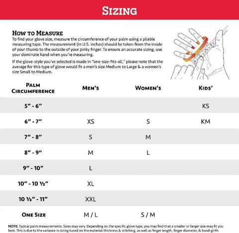 Sizing chart for Premium Leather Work And Ski Mitt With Nikwax Waterproof Wax, includes measurements for men, women, and kids.