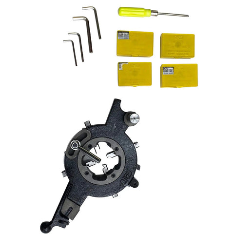 Heavy Duty Electric Pipe Threader 750 Watt Motor 4.92 Inch Chuck with accessories for threading and cutting NPT BSPT pipes.