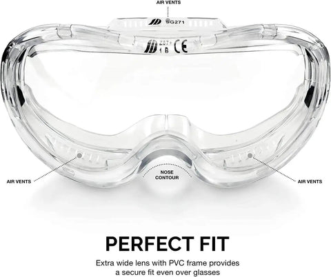 Front view of Clear Protective Lab Safety Goggles For Chemistry And Work Anti Fog Splash Resistant Eye Gear With Indirect Vent ANSI 287.1 Approved