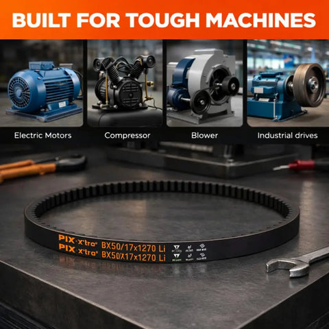 Beefy Cogged V Belt For Industrial Machinery 21/32 In By 65 In On Center Size For Smooth Power Transmission And Heavy-Duty Reliability With Efficient Heat Dissipation Built To Withstand Tough Runs. Black cogged V-belt on workbench for electric motors, compressors, and drives.