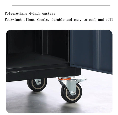 Heavy Duty Steel Rolling Tool Cabinet Featuring Auxiliary Workbench Top And Glide Out Drawers For Garage Setup That Handles Your Gear No Sweat At All, showcasing polyurethane 4-inch casters.