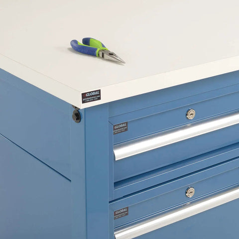 Built Tough Heavy Duty Production Workbench For Real Shop Jobs, ESD Laminated Top With Deep Storage Drawers And Lower Shelf, Height Adjustable Steel Frame, Rock Solid 5000 Lb Load Capacity, Blue top with pliers.