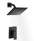 Matte Black Shower Faucet Set With 8 Inch Rain Shower Head, Single Handle Trim Kit And Rough In Valve, water flowing downward