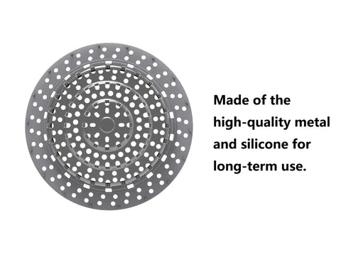 Circular Bathtub Drain Hair Catcher And Protector For Pop Up Drains with perforated pattern made of metal and silicone.