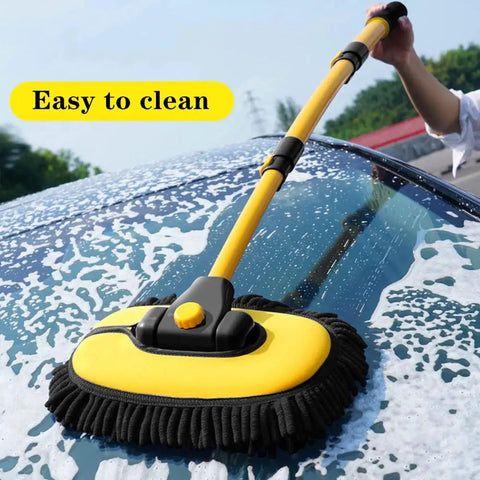 Long Reach Car Wash Brush With Microfiber Head, Adjustable Length, 15 Degree Curved Pole For No Fuss Roof Cleaning, Flexible Rotating Head, Easy Scrub Kit For Smooth Shiny Car Wash, angled on car roof