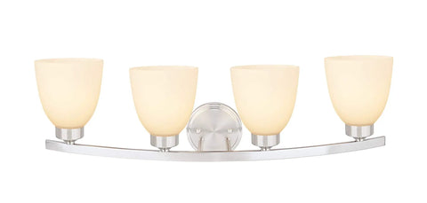 Four Light Metal Bathroom Vanity Wall Light Fixture In Oil Rubbed Bronze With Frosted Glass Shades Approximately 28.5 Inches Wide