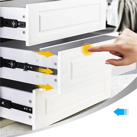 Push To Open 45mm Drawer Slides With Quiet Glide Three-Section Rail, Soft Rebound And Smooth Opening, Ten Inch Length, 25 Cm, No Jam Performance For Kitchen, Office And Workshop Drawers.