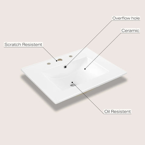 Top Tier 24 Inch Bathroom Sink Top Crafted From Heavy Duty White Ceramic With A No Fuss Three Hole Design Ideal For Fast Vanity Fixes And That Slick Modern Look Everyone Loves showing scratch, overflow, and oil resistance features.