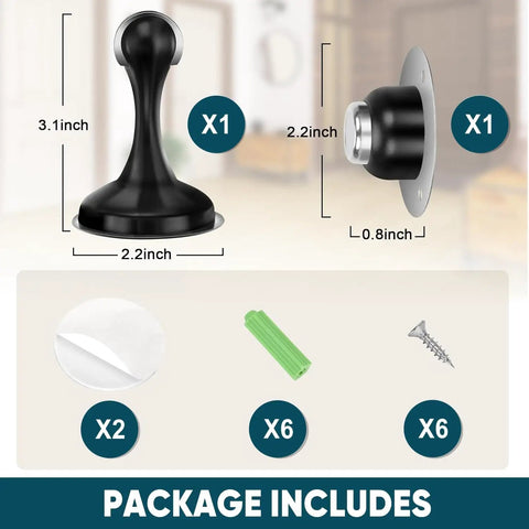 Package contents for Magnetic Door Stopper Heavy Duty Door Holder With No Drill Wall Or Floor Mount 3M Adhesive And Screws.