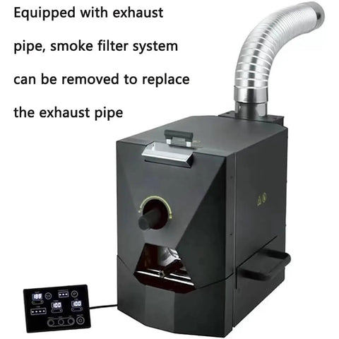 Kick Start Your Morning Vibe With This Electric Home Coffee Roaster featuring exhaust pipe, smoke filter system, and control panel.