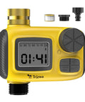 Outdoor Sprinkler Timer For Garden Irrigation With Rain Delay And Manual Watering, Programmable Daily And Weekly Schedules, Up To Three Programs, No Fuss Dial Setup, Ideal For Lawn, Yard, And Hose Systems, showing yellow unit with digital display and dial.