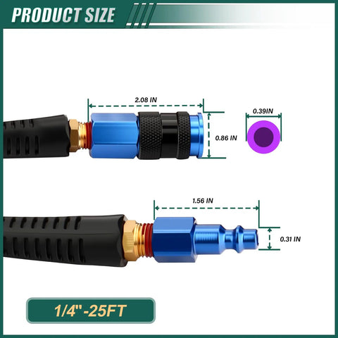 Detailed size diagram of Heavy Duty Polyurethane Coiled Air Hose 1/4 X 25 Ft with connection measurements.