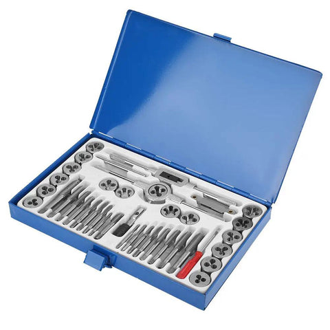 Super Durable 40 Piece Alloy Steel Tap And Die Set For Garage Repair With Metric NPT Taps Dies Wrenches Gauge Hand Threading Kit M3 To Max Size blue case open with alloy steel taps, dies and wrench
