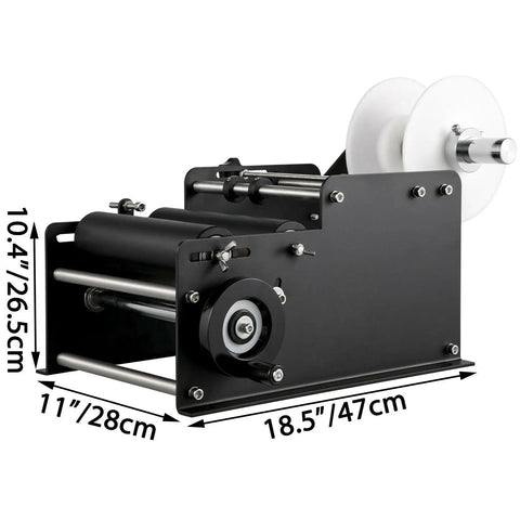 VFLDKRQAWYS MT-30 Semi-Automatic Bottle Labeling Machine For Plastic Glass Metal Round Cylinders DIY Desktop Applicator With Electrical Adhesive Printer And Sturdy Steel Construction Speed Control side view with dimensions