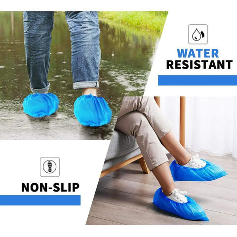 Disposable Shoe Covers 200 Pack (100 Pairs) Waterproof Non Slip Dust Proof Blue Booties for Indoor Use displayed on feet.