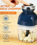 Brigii One Touch Electric Garlic Mincer And Onion Chopper 17oz Mini Food Processor with garlic cloves in clear bowl.