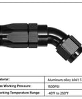10AN 45 Degree One Piece Full Flow Hose End Fitting Swivel For CPE Braided Hose With 7/8 14 UNF Thread 6061 T6 Aluminum AN10 High Flow Performance Durable Aluminum Swivel Minus Forty To Two Hundred Fifty Fahrenheit 1500 PSI, black 45-degree swivel fitting