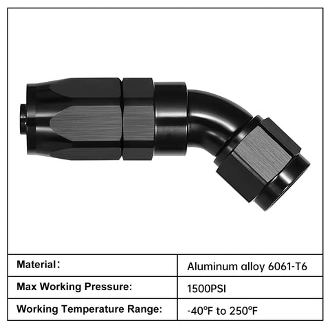 10AN 45 Degree One Piece Full Flow Hose End Fitting Swivel For CPE Braided Hose With 7/8 14 UNF Thread 6061 T6 Aluminum AN10 High Flow Performance Durable Aluminum Swivel Minus Forty To Two Hundred Fifty Fahrenheit 1500 PSI, black 45-degree swivel fitting
