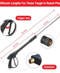 Pressure Washer Gun Kit With 26 Inch Hose, 16 Inch Extension Wand, Five Nozzle Tips, M22 15mm And M22 14mm Fittings, Handles Up To 4000 PSI Cold Water Machines, Durable Rubber Hose For Driveways, Siding, Decks And More showing trigger lock and connector