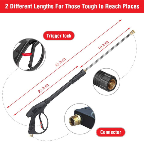 Pressure Washer Gun Kit With 26 Inch Hose, 16 Inch Extension Wand, Five Nozzle Tips, M22 15mm And M22 14mm Fittings, Handles Up To 4000 PSI Cold Water Machines, Durable Rubber Hose For Driveways, Siding, Decks And More showing trigger lock and connector