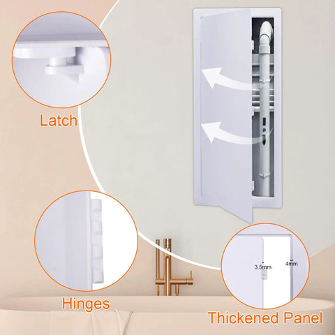 Real Deal Plastic Drywall Access Panel 14 X 29 Inch With Concealed Hinge for Ceiling showing latch, hinges, and thickened panel.