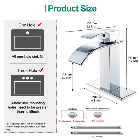 Image showing dimensions for Chrome Waterfall Bathroom Faucet With Single Handle For 1 Or 3 Hole Installations Deck Plate Splash-Free.